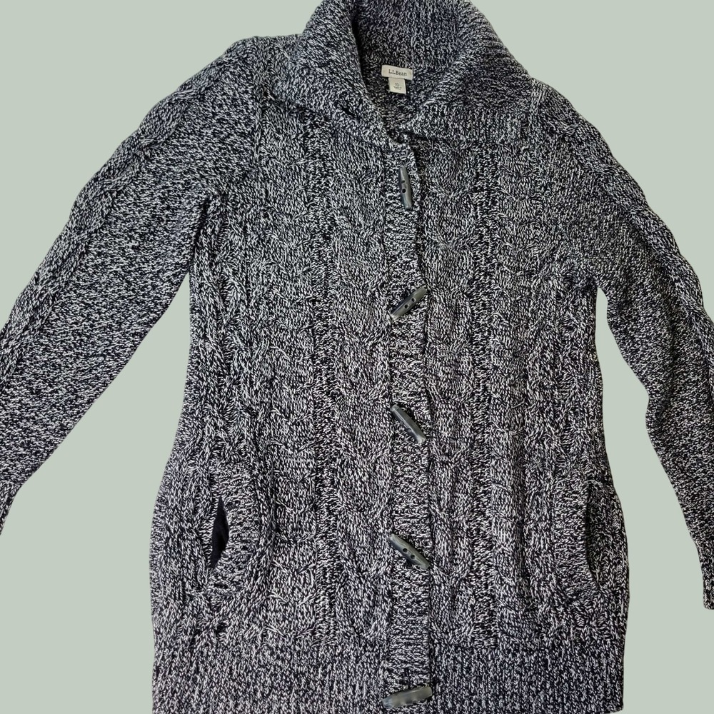 L.L.Bean Cable Knit Sweater Women XL Petite Black Toggle Fisherman Chunky 298282